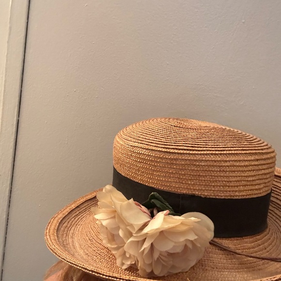 Patricia Underwood Tan and Cream Wide-Brimmed Hat with Floral Accents - Picture 4 of 4